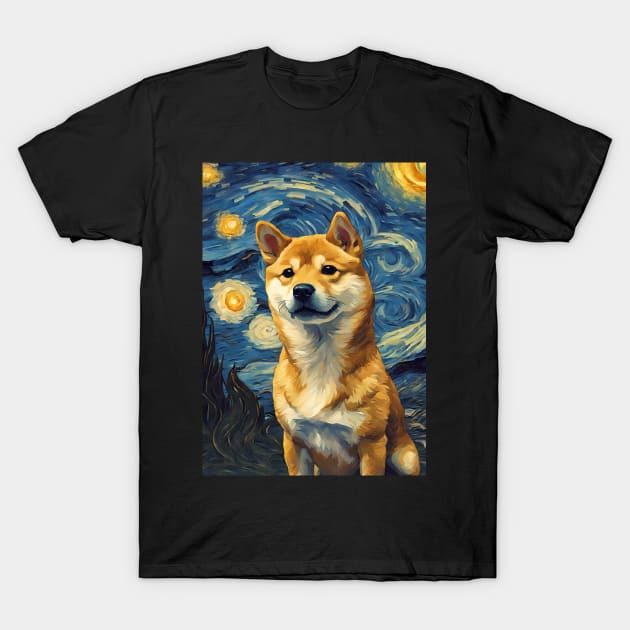 Cute Shiba Inu Dog Breed Painting in a Van Gogh Starry Night Art Style T-Shirt by Art-Jiyuu